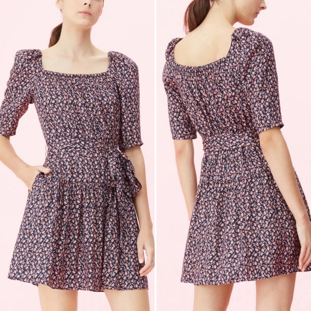 Rebecca Taylor Francesca Navy Floral Print Silk Blend Square Neck Dress Size 8